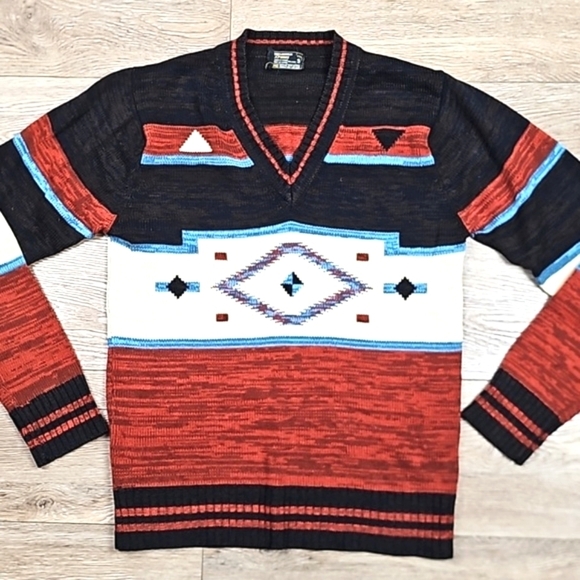 Vintage 70s JCPenny Rust & Brown V Neck Southwest Aztec Knit Pullover Sweater - Picture 8 of 16